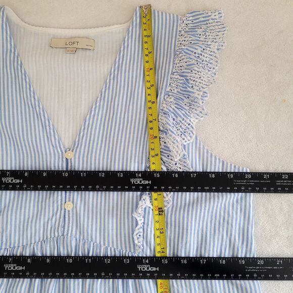 Loft Sz LP Blue Striped Eyelet Button Ruffle Swing‎ Dress Country Cottage Coasta - Picture 6 of 8